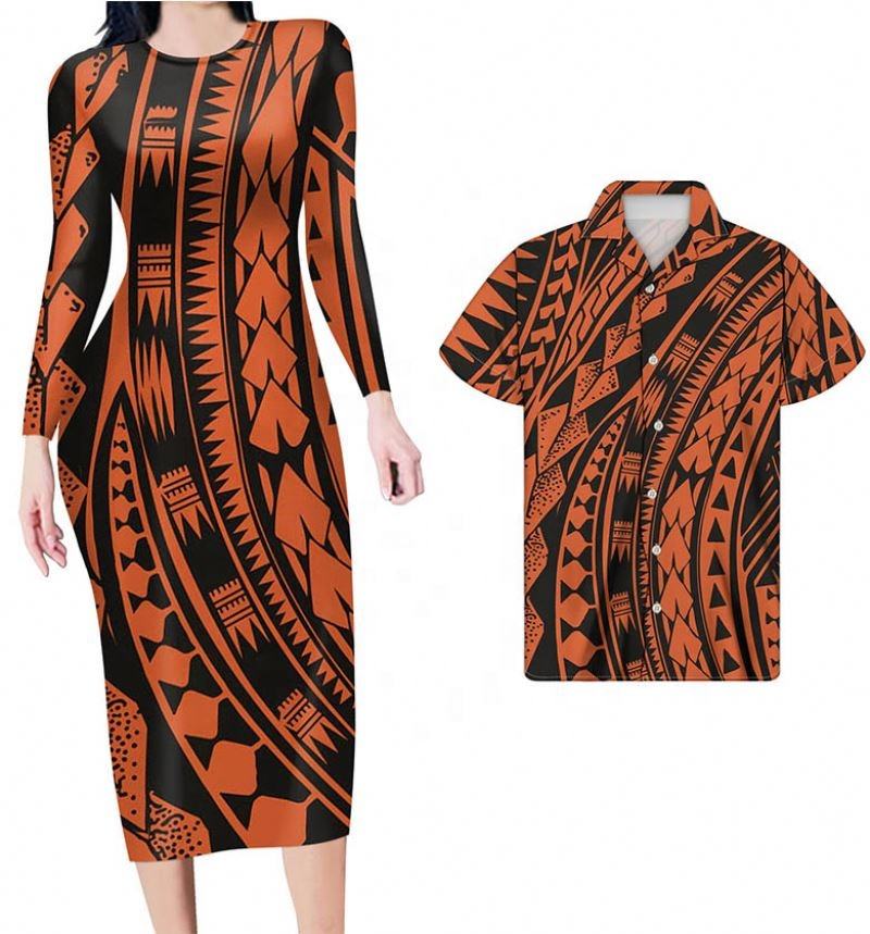 Hawaii Matching Clothes For Couples Polynesian Tribal Orange Bodycon Dress And Summer Hawaii Shirt