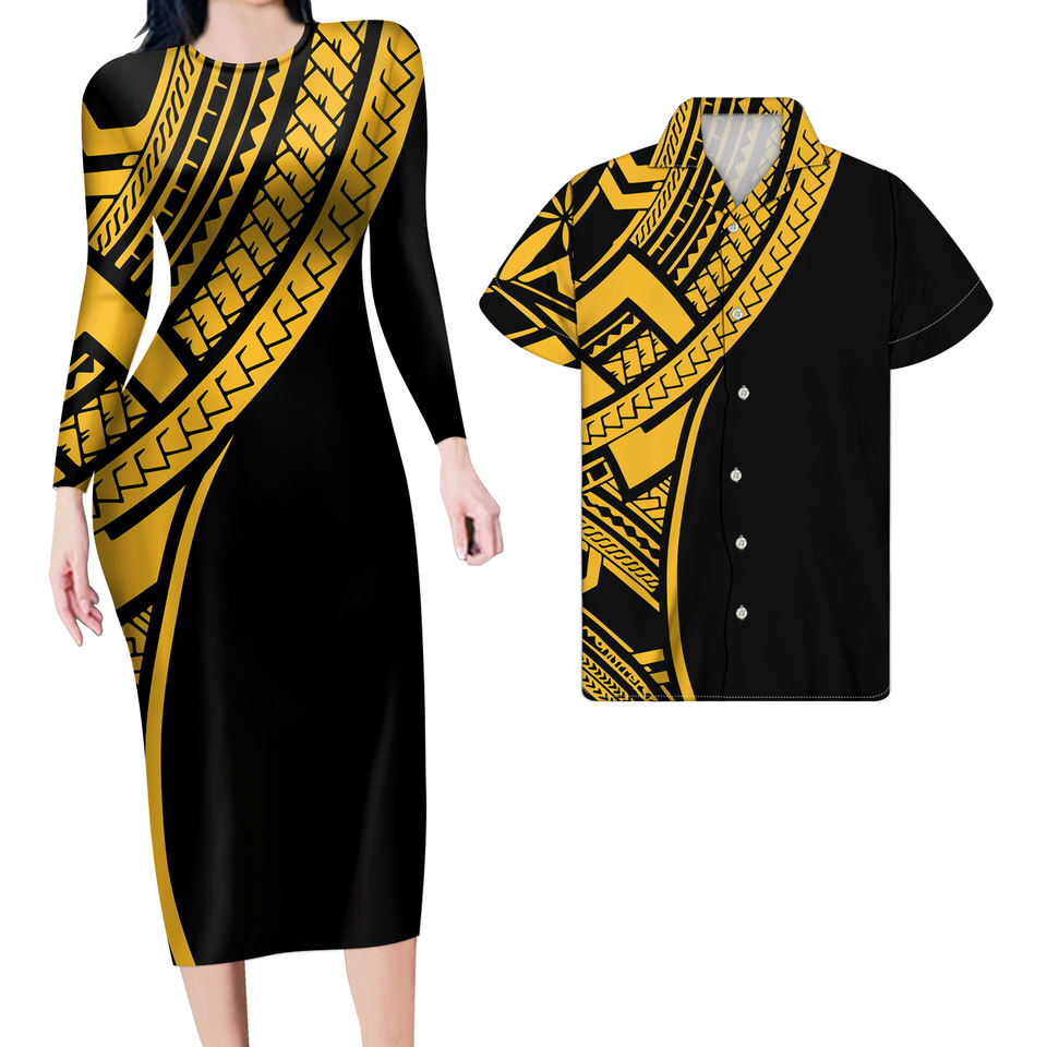 Hawaiian Matching Outfit For Couples Polynesian Tribal Half Bodycon Dress And Hawaii Shirt