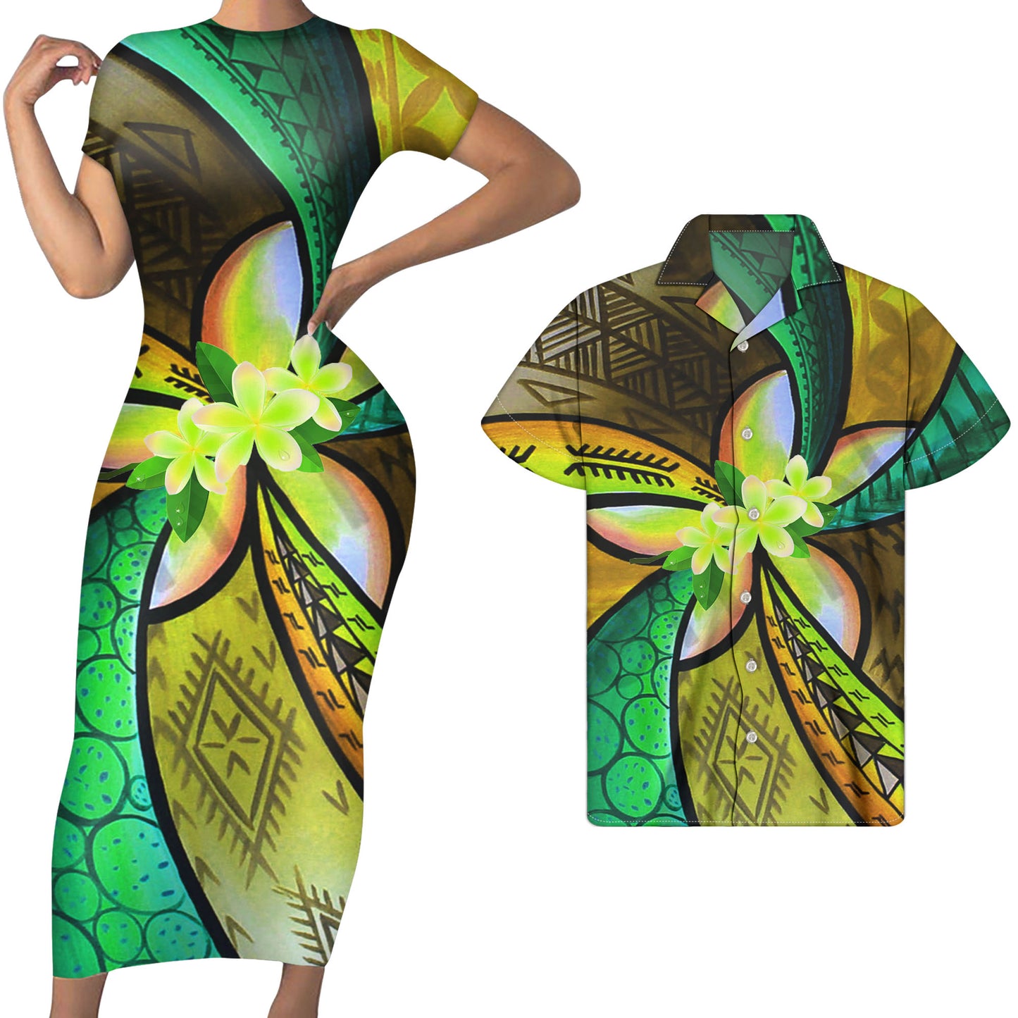 Colorful Polynesian Tribal Plumeria Flower Print Short Sleeve Bodycon Dress Women Match Men Shirts Custom Couple Clothing Set