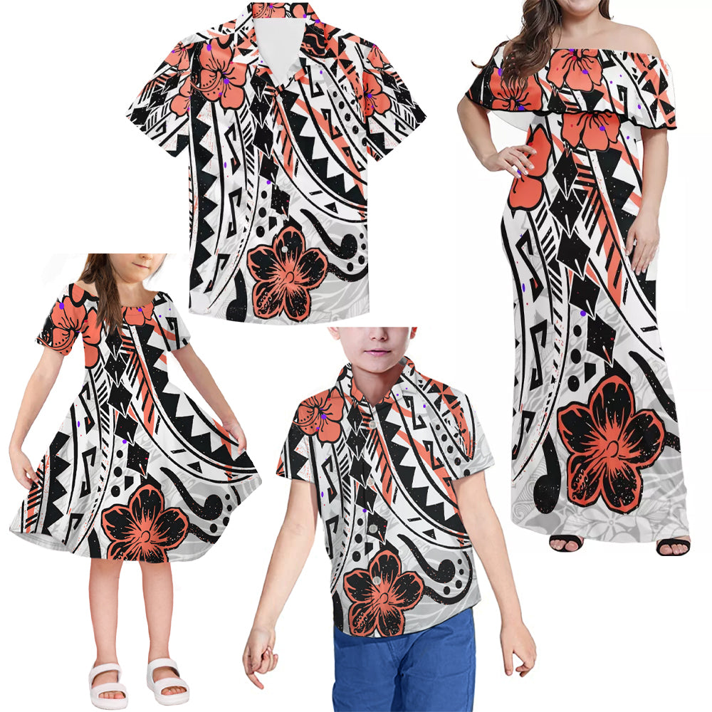 Polynesian Tribal Flowers Pattern Matching Family Outfits Combo Dress and Hawaiian Shirt For Family Members