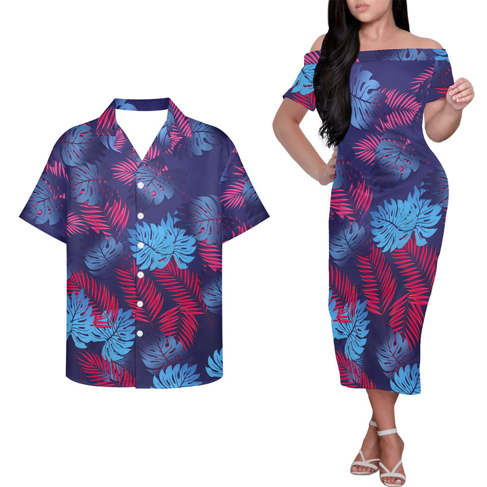 Polynesian Leaf Tropical Pattern Couple Matching Outfits Island Hung Short Sleeved Dress And Hawaiian Shirt Couple Set For Him Her