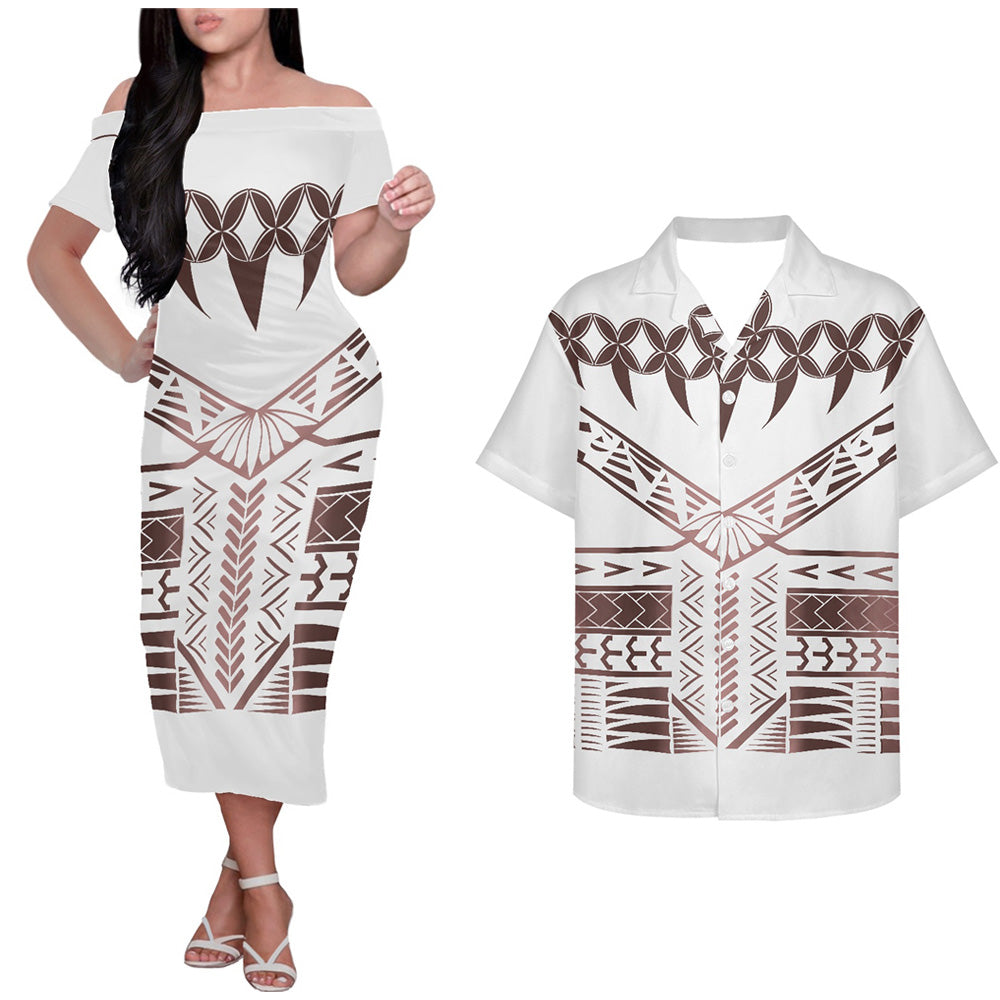 Polynesian Island Tribal Pattern White Couple Outfits Tropical Style Hung Short Sleeved Dress And Hawaiian Shirt Couple Set