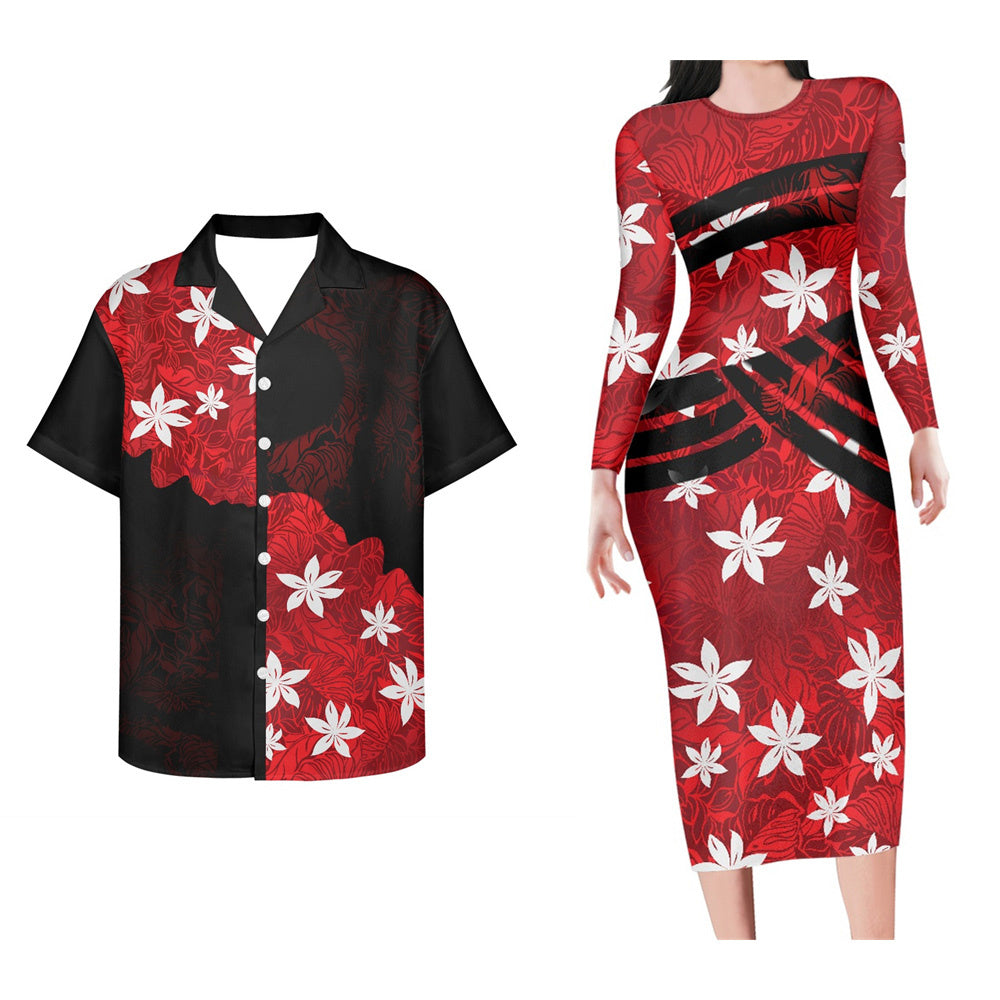 Polynesian Tribal Flower Pattern Red Matching Outfit For Couple Bodycon Dress And Hawaii Shirt Island Outfit Set For Her Him