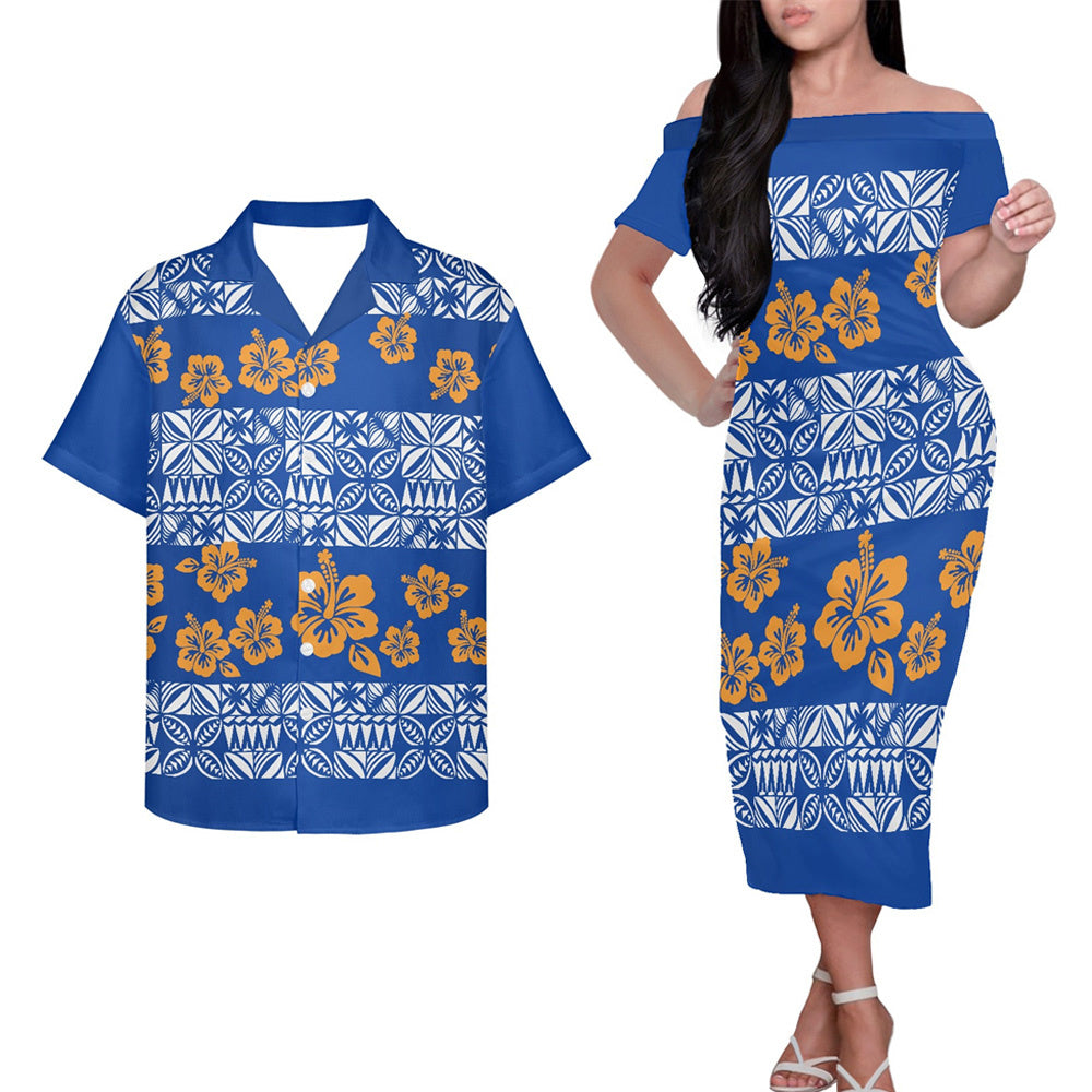 Polynesian Tribal Clothing Couple Outfits Pacific Island Hibiscus Patterns Blue Hung Short Sleeved Dress And Hawaiian Shirt