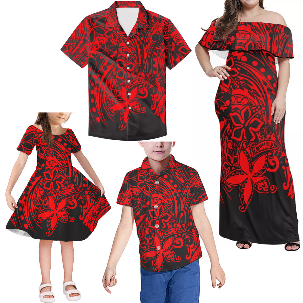 Red Polynesian Tribal Flowers Pattern Matching Family Outfits Combo Dress and Hawaiian Shirt For Family Members