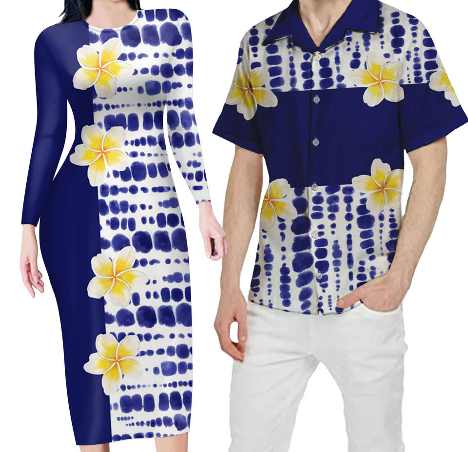 Blue Matching Outfit For Couples Plumeria Flowers Hawaii Bodycon Dress And Hawaii Shirt