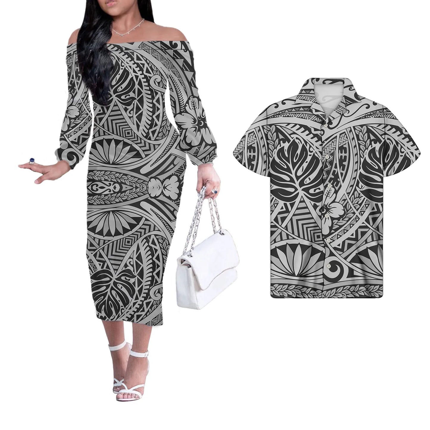 Polynesian Tribal Pattern And Flower Matching Outfit For Couples Men Shirts and Black White Dress Off Shoulder Long Dresses for Women