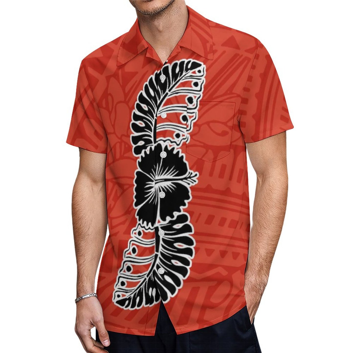 Samoa Polynesian Tribal Hibiscus Flowers Pattern Printed Hawaiian Shirt Summer Red Short Sleeve Shirt For Him