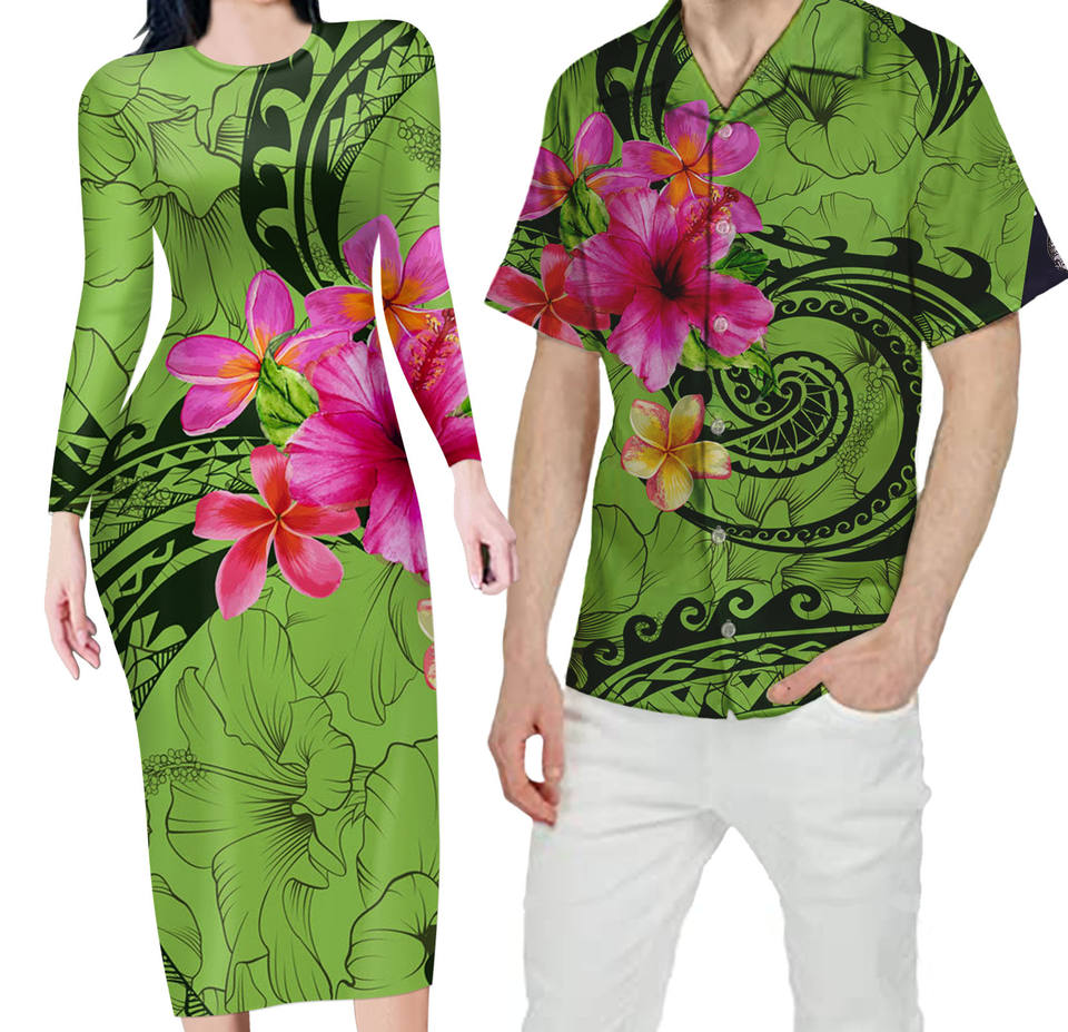 Matching Outfit For Couples Hawaii Tropical Flowers Polynesian Tribal Wave Green Bodycon Dress And Hawaii Shirt