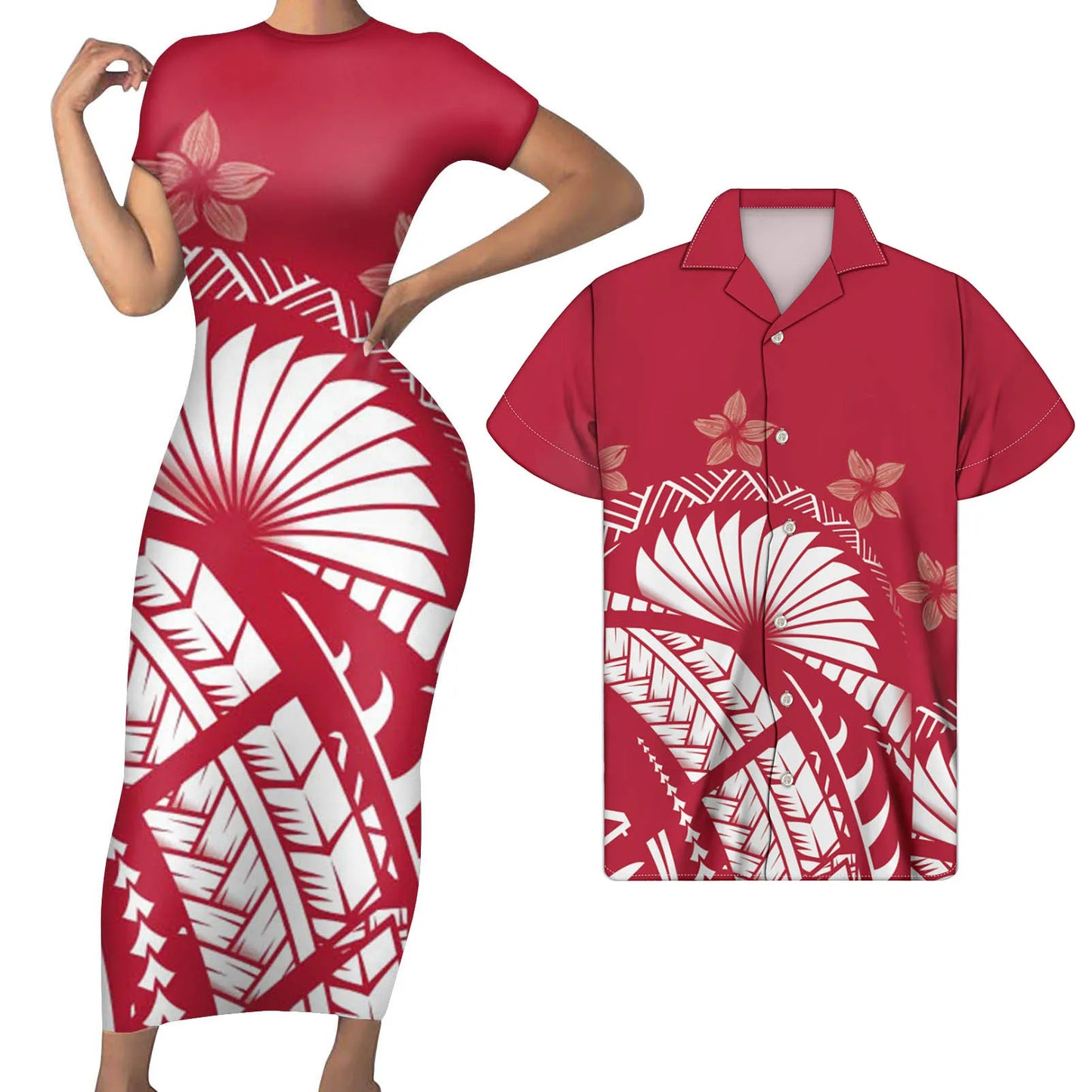 Red Polynesian Pattern Outfit For Couples Tight Short Sleeve Dress Style Men Long Sleeve Shirt Couple Outfit