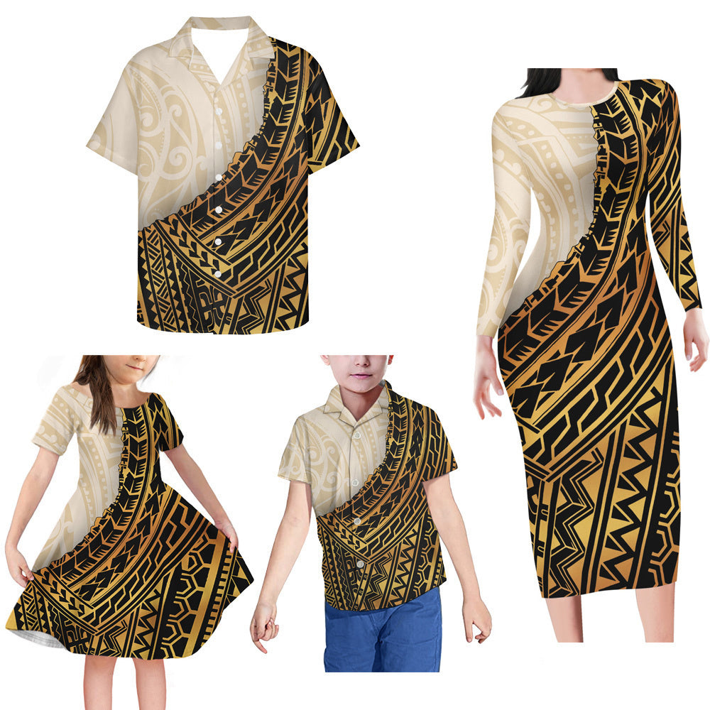 Yellow Polynesian Tribal Pattern Matching Family Outfits Island Bodycon Long Sleeve Dress And Shirt Family Members