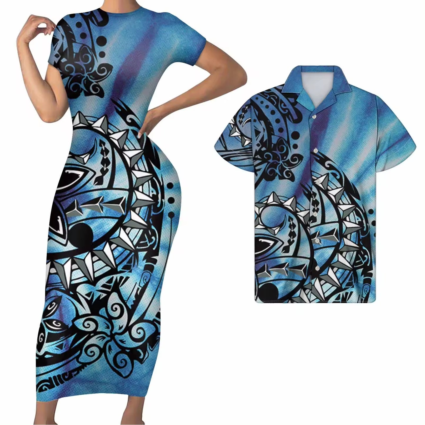 Polynesian Matching Clothes For Couples Polynesian Tribal Curve Flowers Pattern Blue Bodycon Dress And Hawaii Shirt