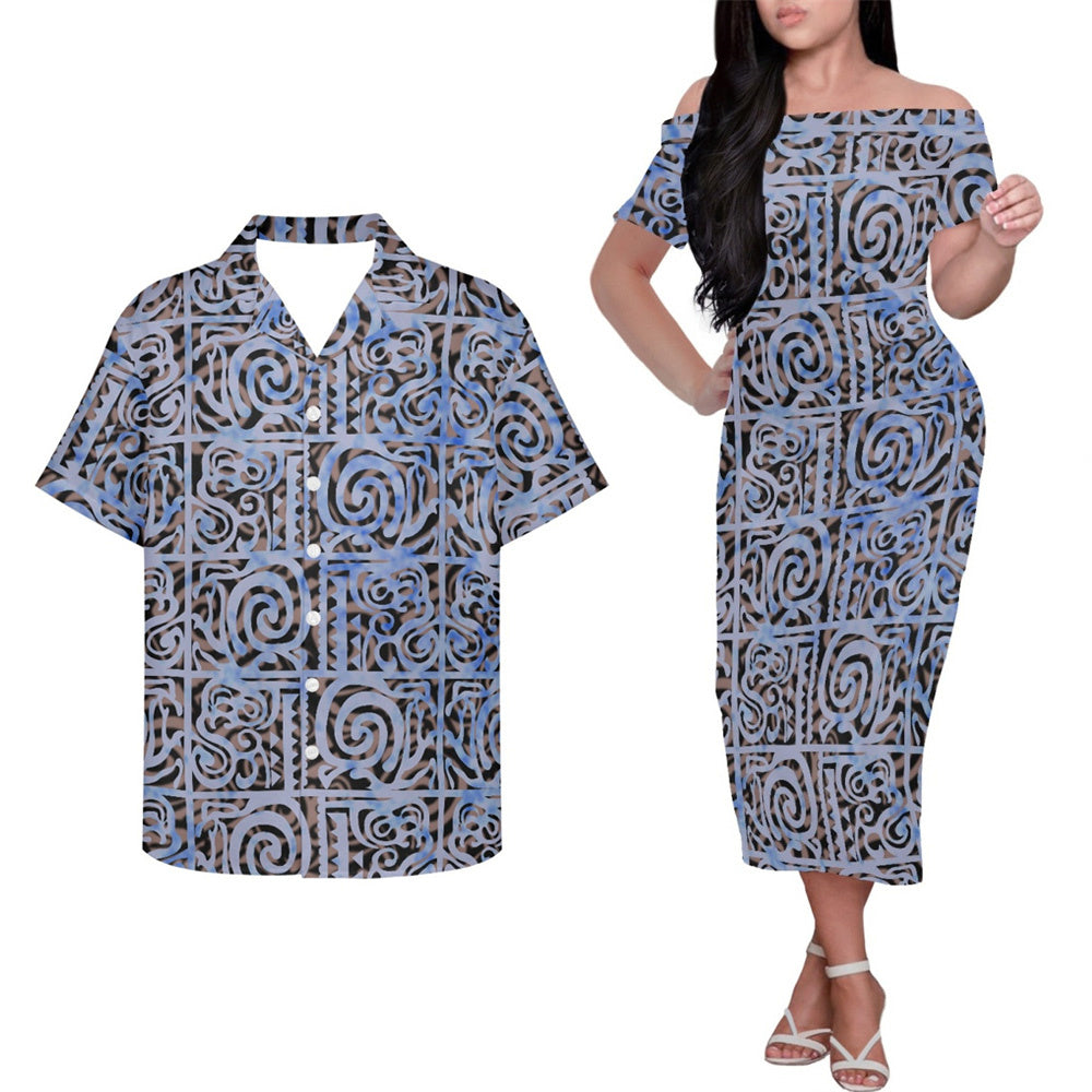 Polynesian Island Tribal Pattern Couple Outfits Tropical Hung Short Sleeved Dress And Hawaiian Shirt Party Outfit Set
