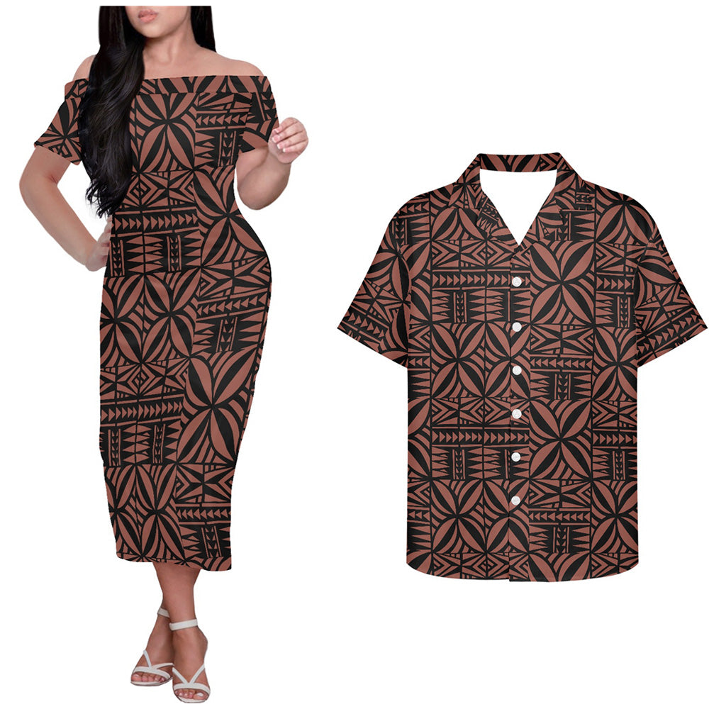 Polynesian Samoan Island Tribal Geometric Pattern Couple Outfits Tropical Style Hung Short Sleeved Dress And Hawaiian Shirt Couple Set