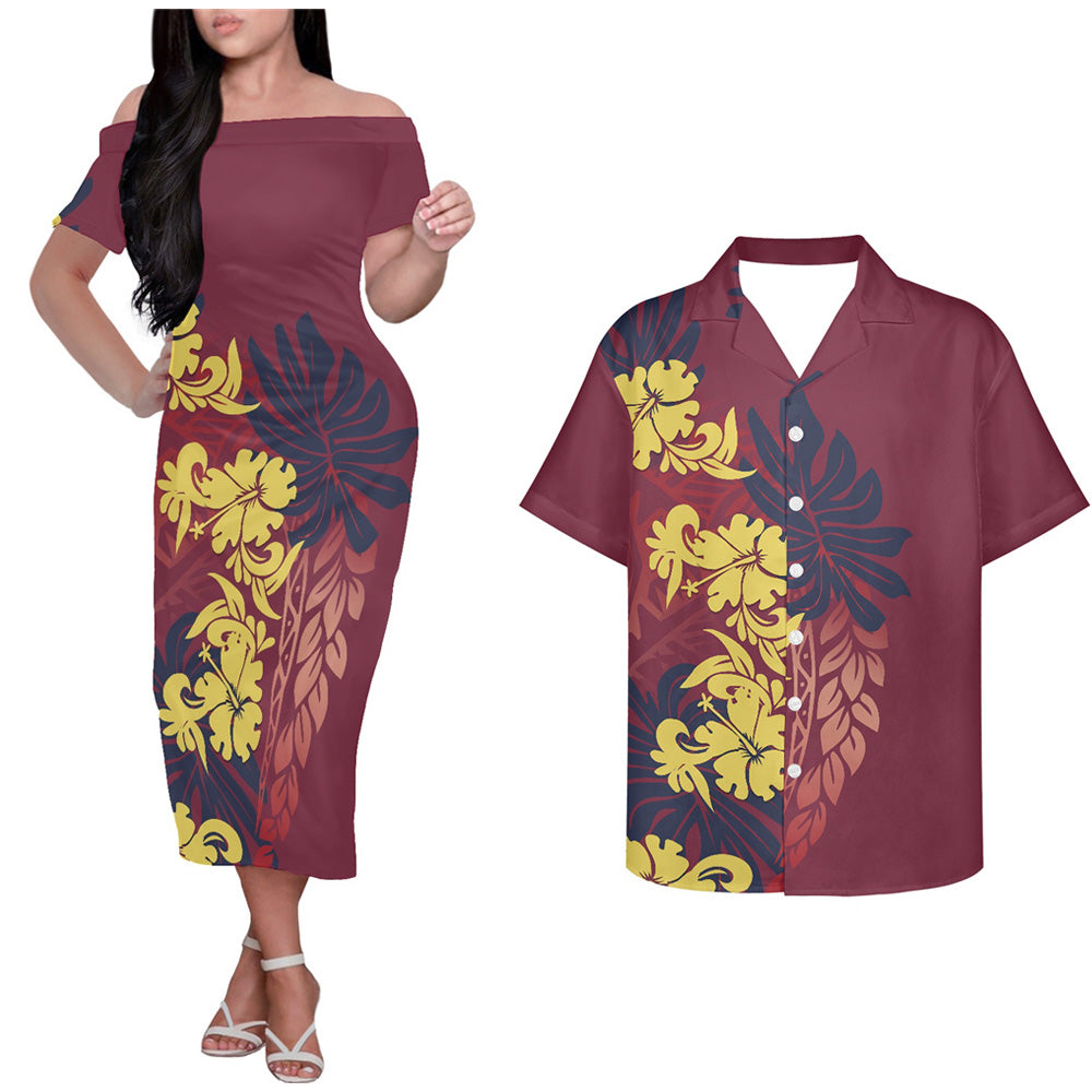 Polynesian Island Tribal Flowers Pattern Red Couple Outfits Tropical Style Hung Short Sleeved Dress And Hawaiian Shirt Couple Set