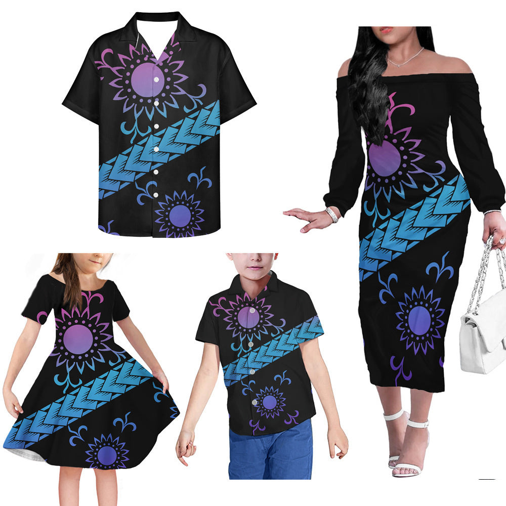 Polynesian Tribal Pattern Black Matching Outfit For Family Dress Hawaiian Shirt For Her Him