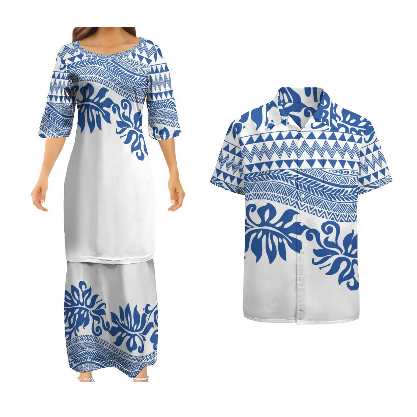 Blue Polynesian Tribal Pattern Matching Outfit For Couple Clothes Samoan White Puletasi Dress and Mens Shirts