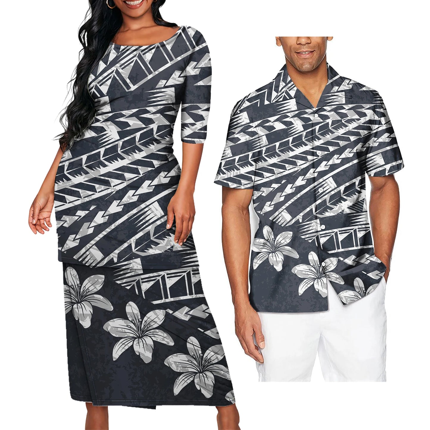 Polynesian Tribe Flower Pattern Black Outfit For Couple Puletasi Dress For Her And Printed Hawaiian Shirt