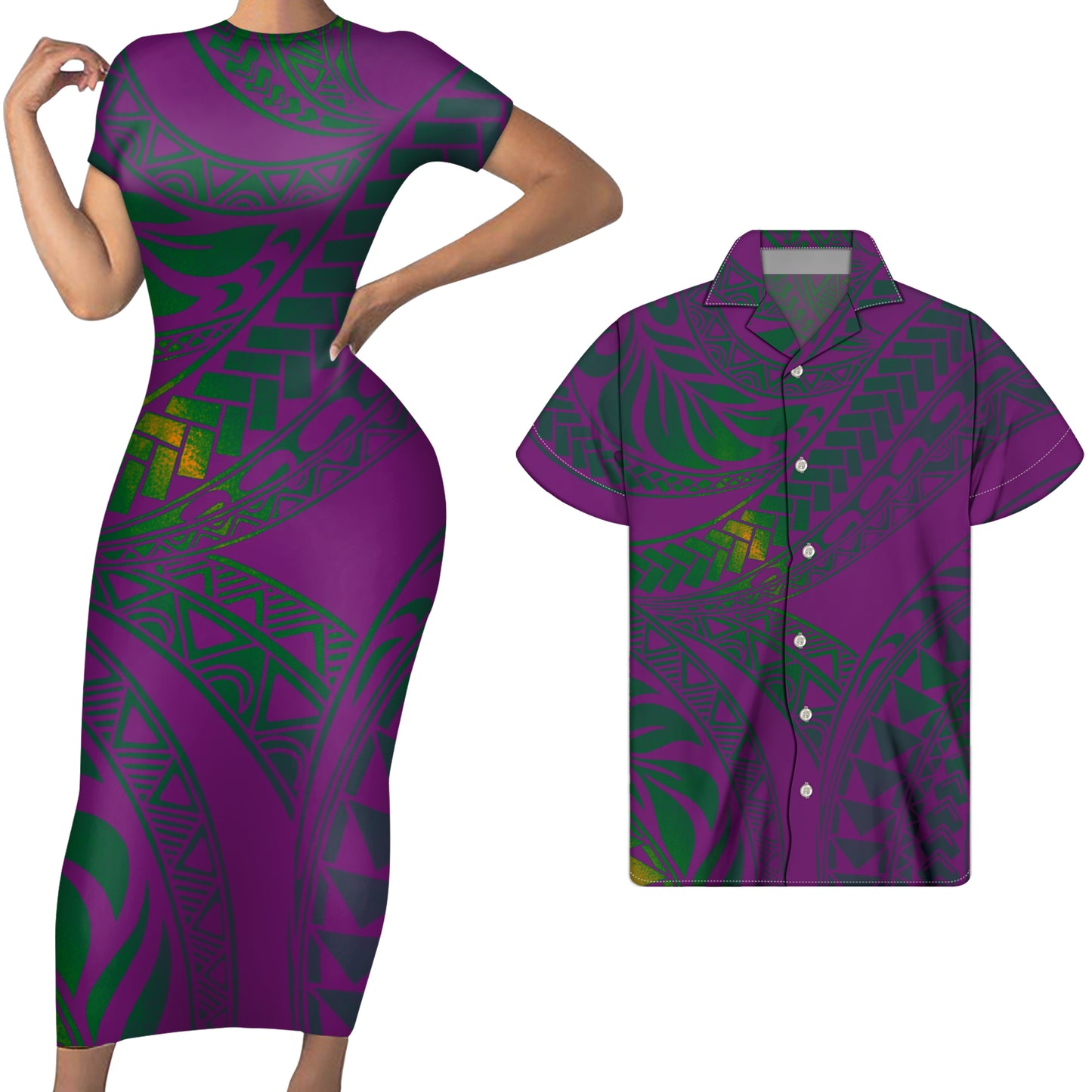 Polynesian Tribal Island Pattern Purpl Short Sleeve Bodycon Dress And Men Shirt