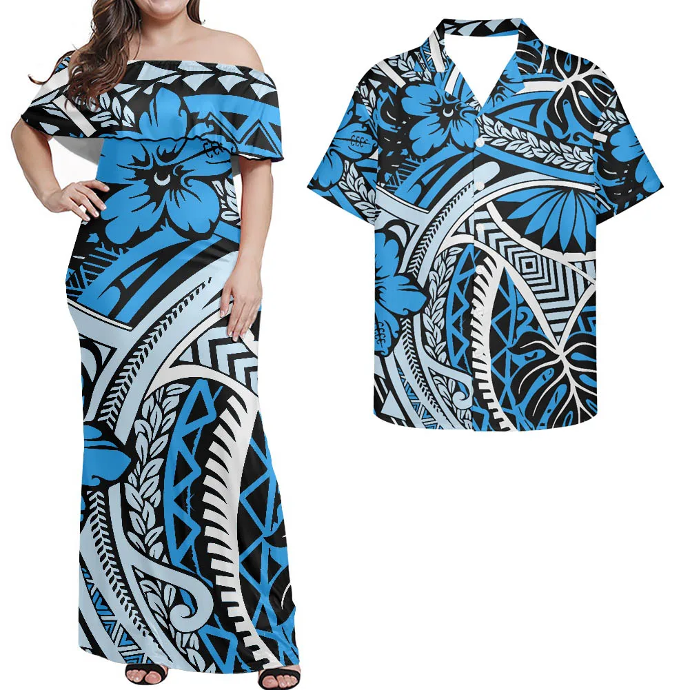 Hawaii Flowers Pattern Polynesian Tribal Combo Blue Dress and Hawaiian Shirt Matching Couples Outfit