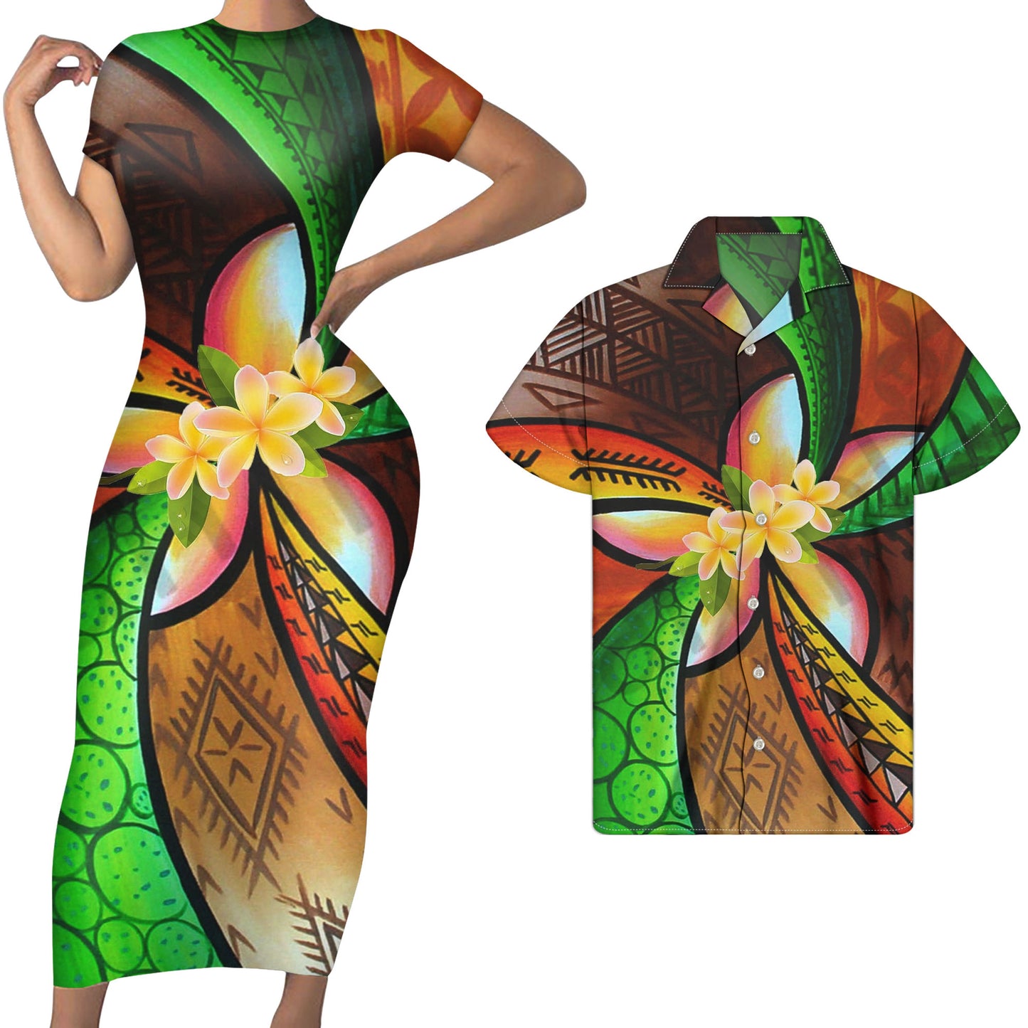Colorful Polynesian Tribal Plumeria Flower Print Short Sleeve Bodycon Dress Women Match Men Shirts Custom Yellow Couple Clothing Set