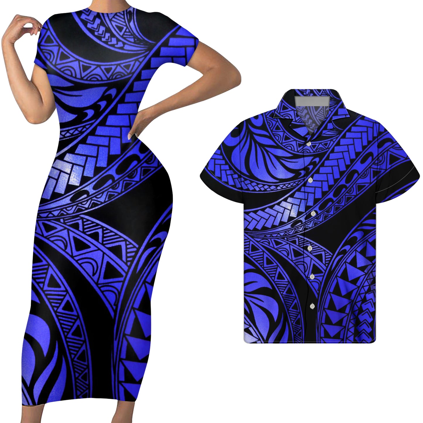 Polynesian Tribal Island Pattern Blue Short Sleeve Bodycon Dress And Men Shirts