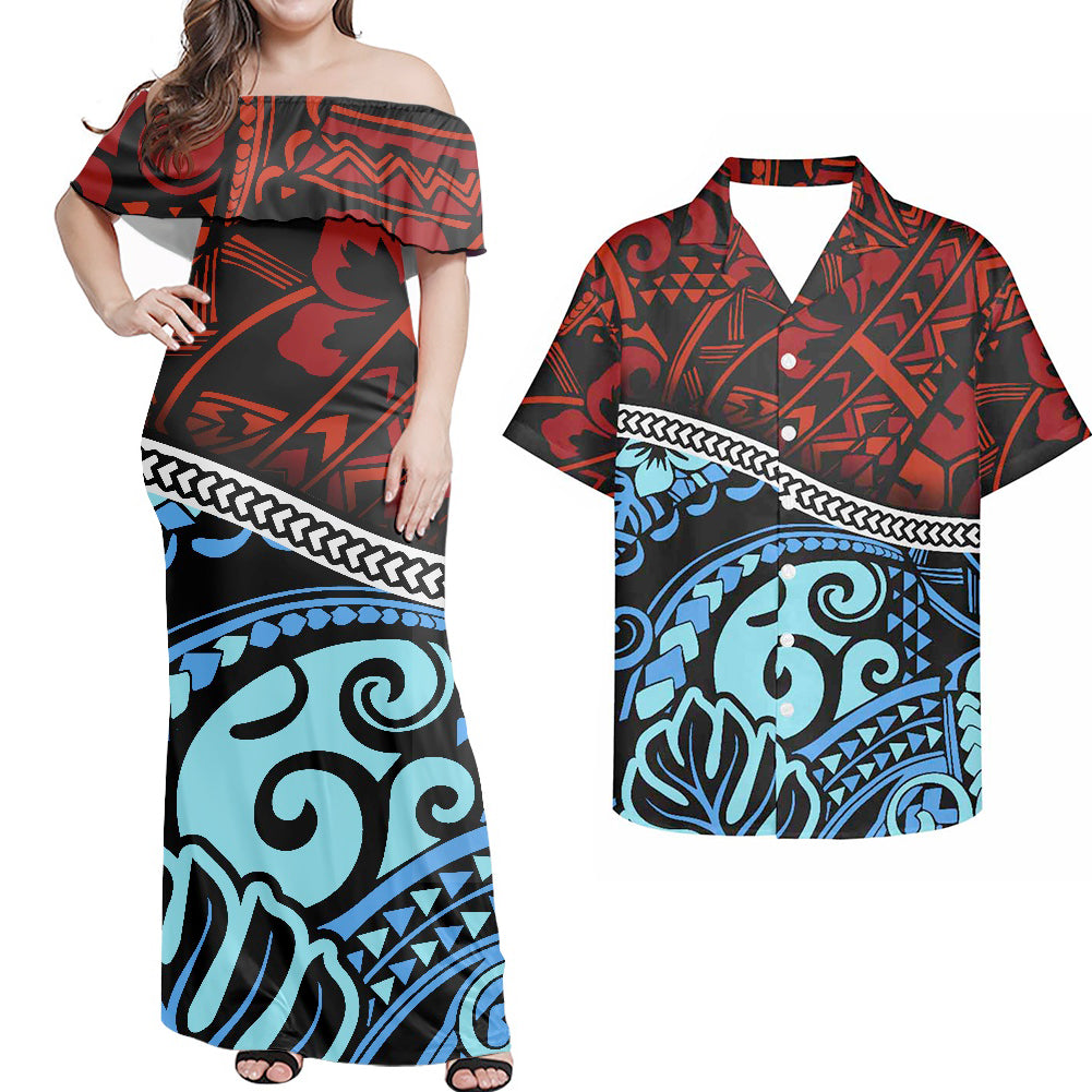 Polynesian Tribal Flowers Pattern Combo Dress and Hawaiian Shirt Matching Couples Outfit For Him Her