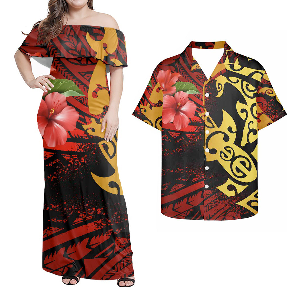 Polynesian Hibiscus Flowers Tropical Pattern Combo Dress and Hawaiian Shirt Matching Couples Outfit For Him Her