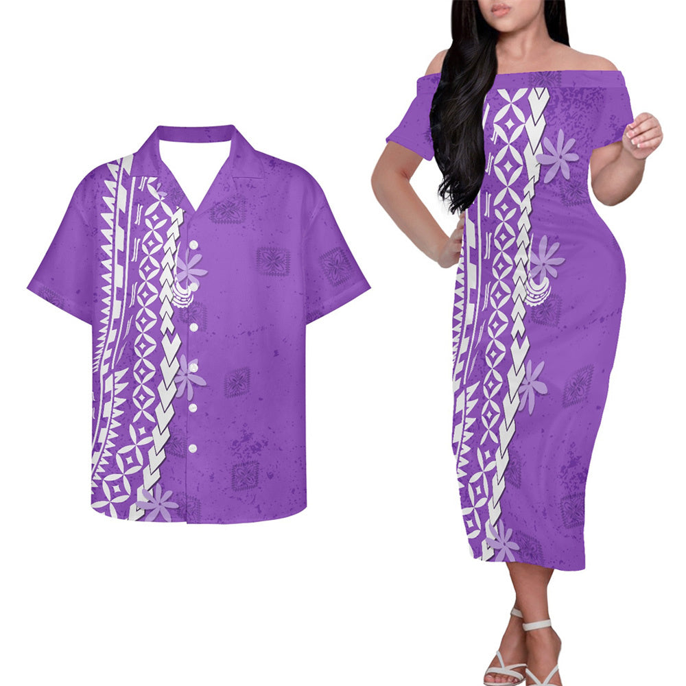 Polynesian Tribal Printed Pattern Couple Outfits Pacific Tropical Island Hung Short Sleeved Dress And Hawaiian Shirt For Her Him