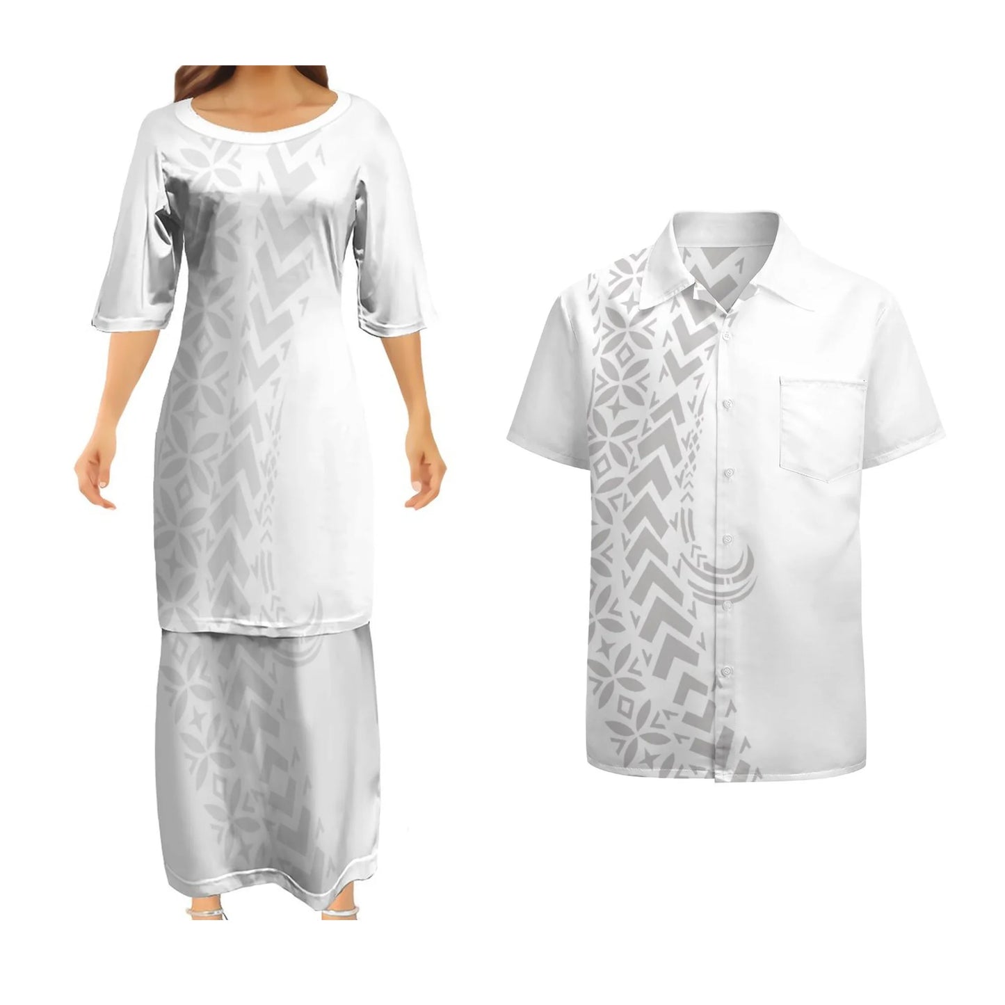 White Polynesian Tribal Pattern Curve Style Matching Outfit For Couple Clothes Samoan Puletasi and Mens Shirts