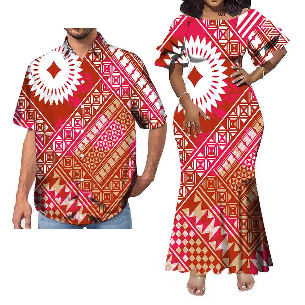 Polynesian Tribal Pattern Red Fishtail Skirt Dress And Hawaii Shirt Couple Set