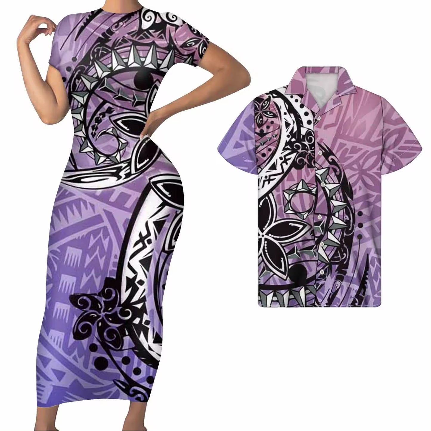 Polynesian Matching Clothes For Couples Polynesian Tribal Curve Flowers Pattern Retro Purple Bodycon Dress And Hawaii Shirt