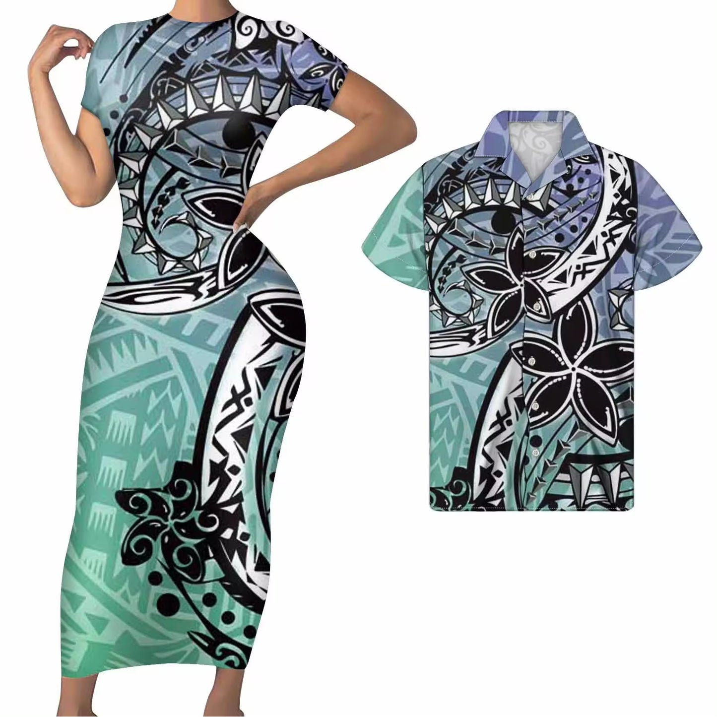 Polynesian Matching Clothes For Couples Polynesian Tribal Curve Flowers Pattern Retro Bodycon Dress Hawaii Shirt