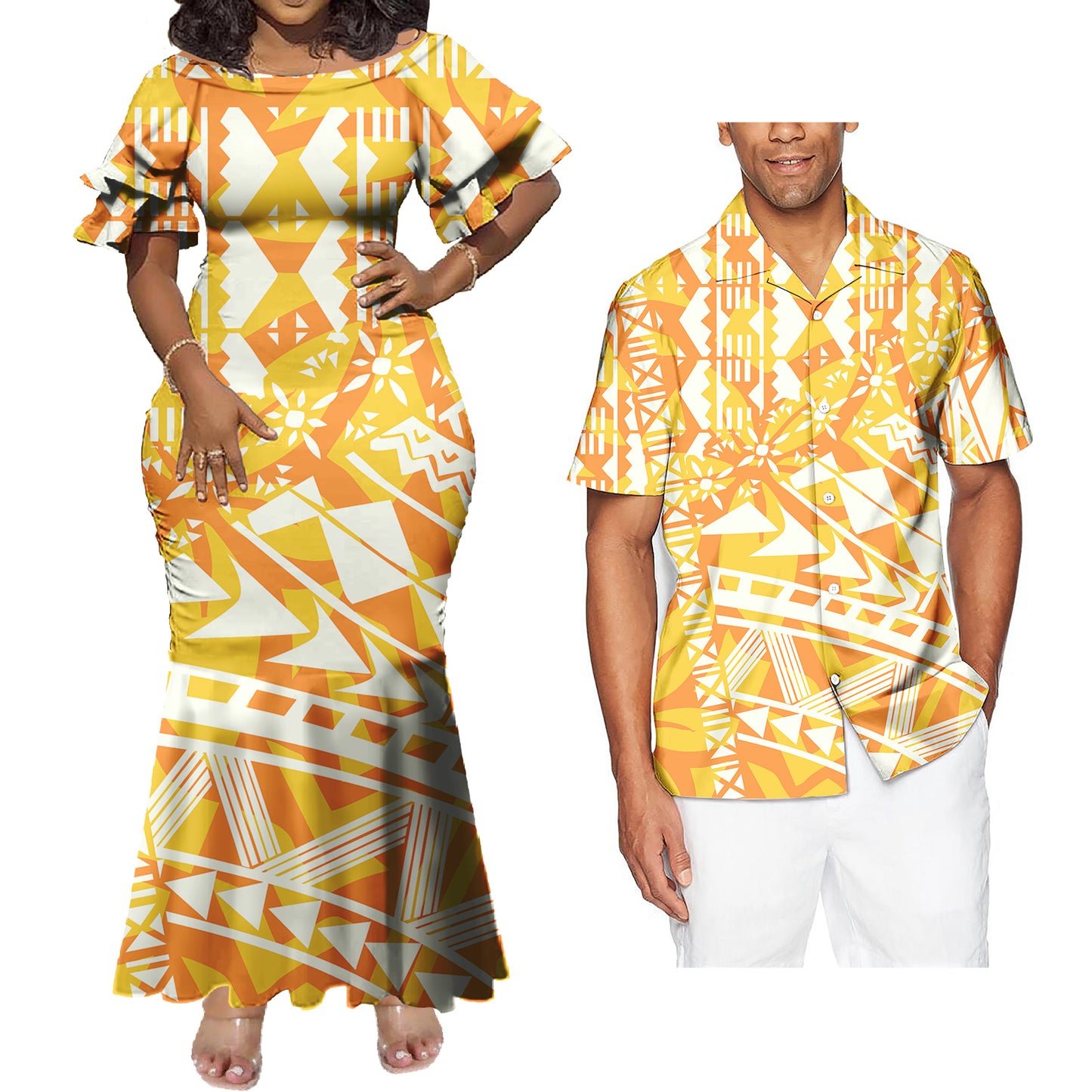 Polynesian Tribal Geometric Pattern Yellow Couple Matching Outfit Tropical Fishtail Skirt Dress And Shirt