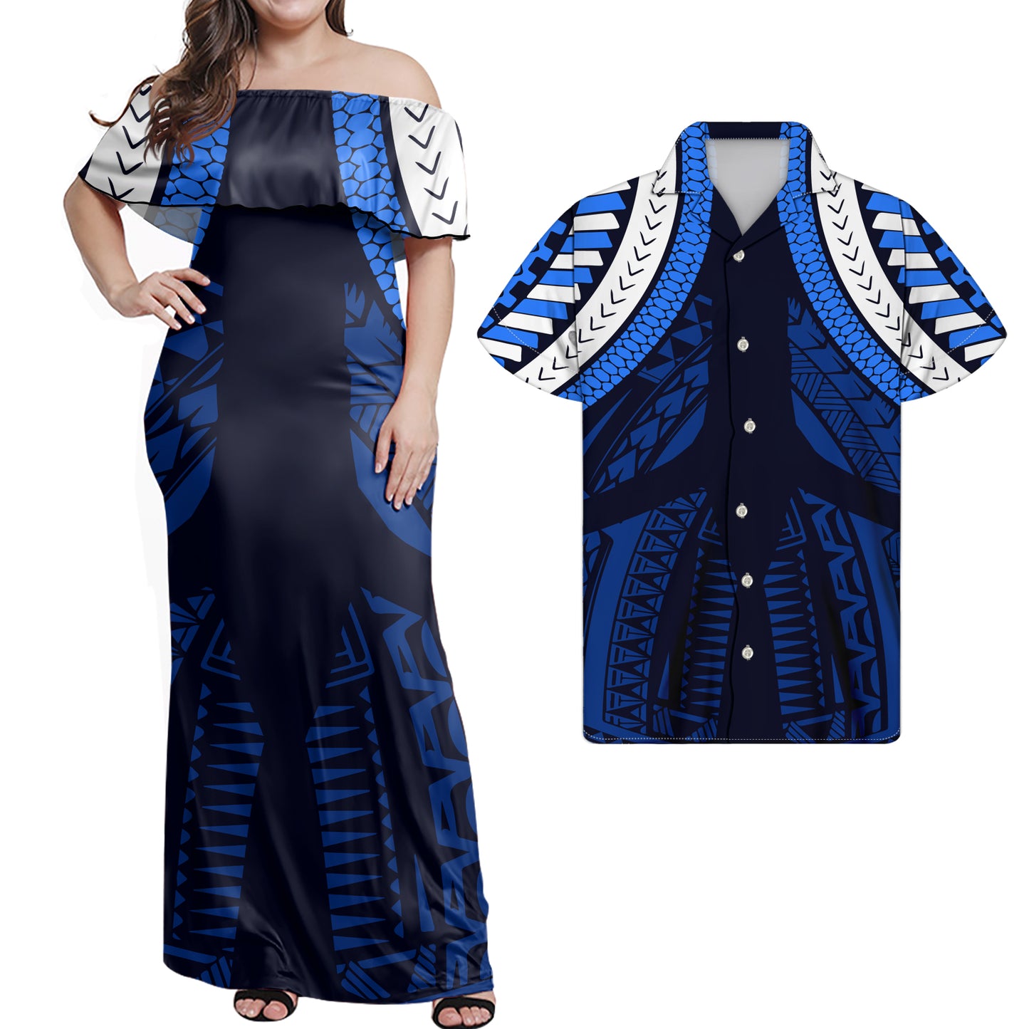 Polynesian Tribal Pattern Blue Combo Dress and Hawaiian Shirt Matching Couples Outfit For Him Her