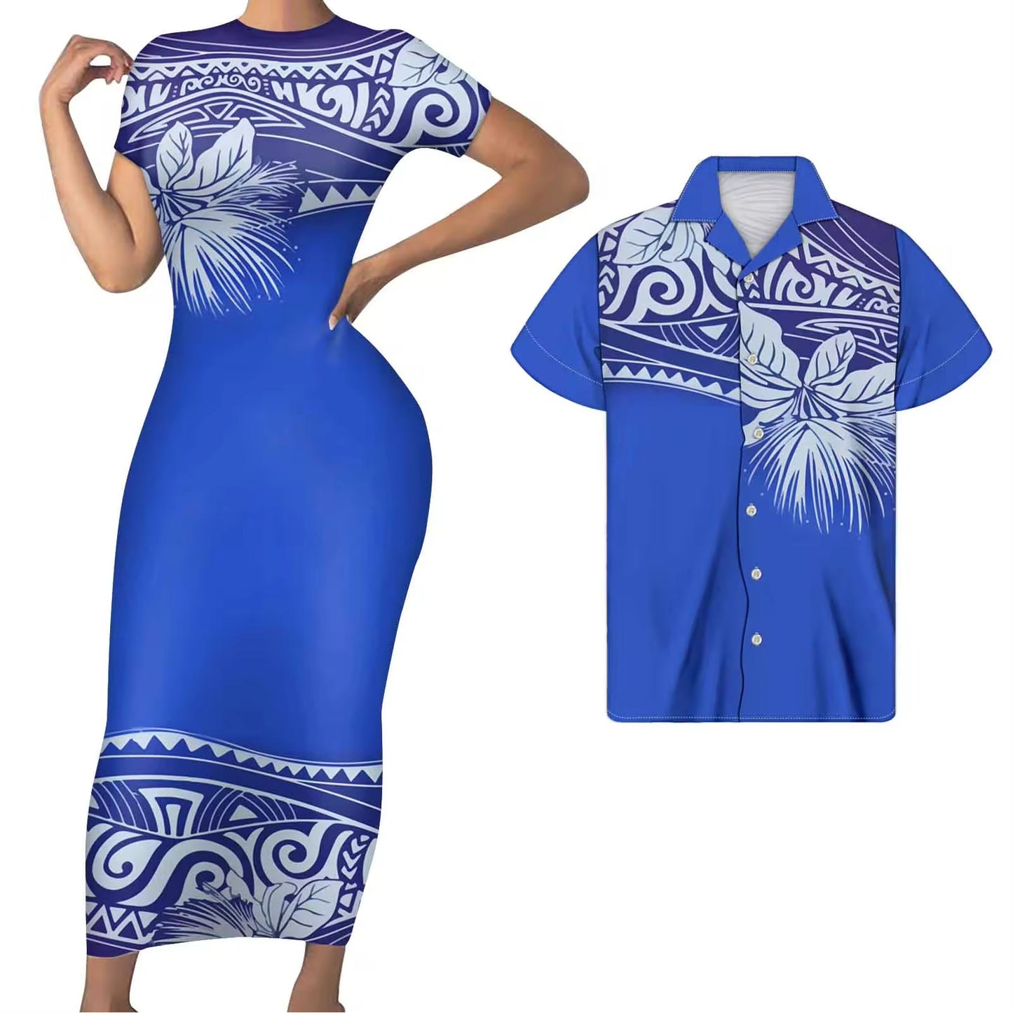 Polynesian Matching Clothes For Couples Polynesian Tribal Tropical Flowers Pattern Blue Bodycon Dress Hawaii Shirt