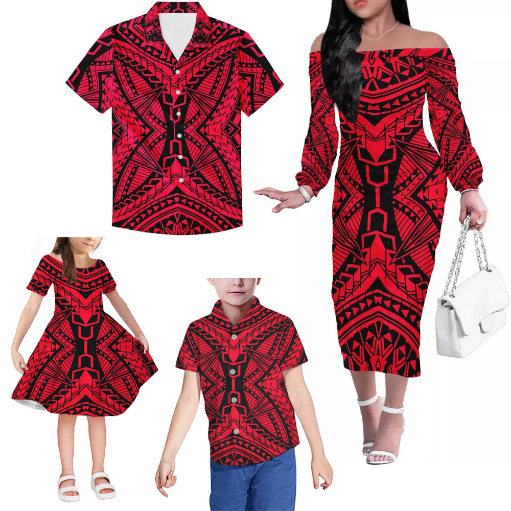 Polynesian Tribal Pattern Red Matching Outfit For Family Island Dress Hawaiian Shirt For Her Him Family Members
