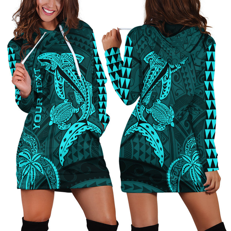 Custom Personalised Hawaii Hoodie Dress Shark and Turtle Mix Kakau Turquoise