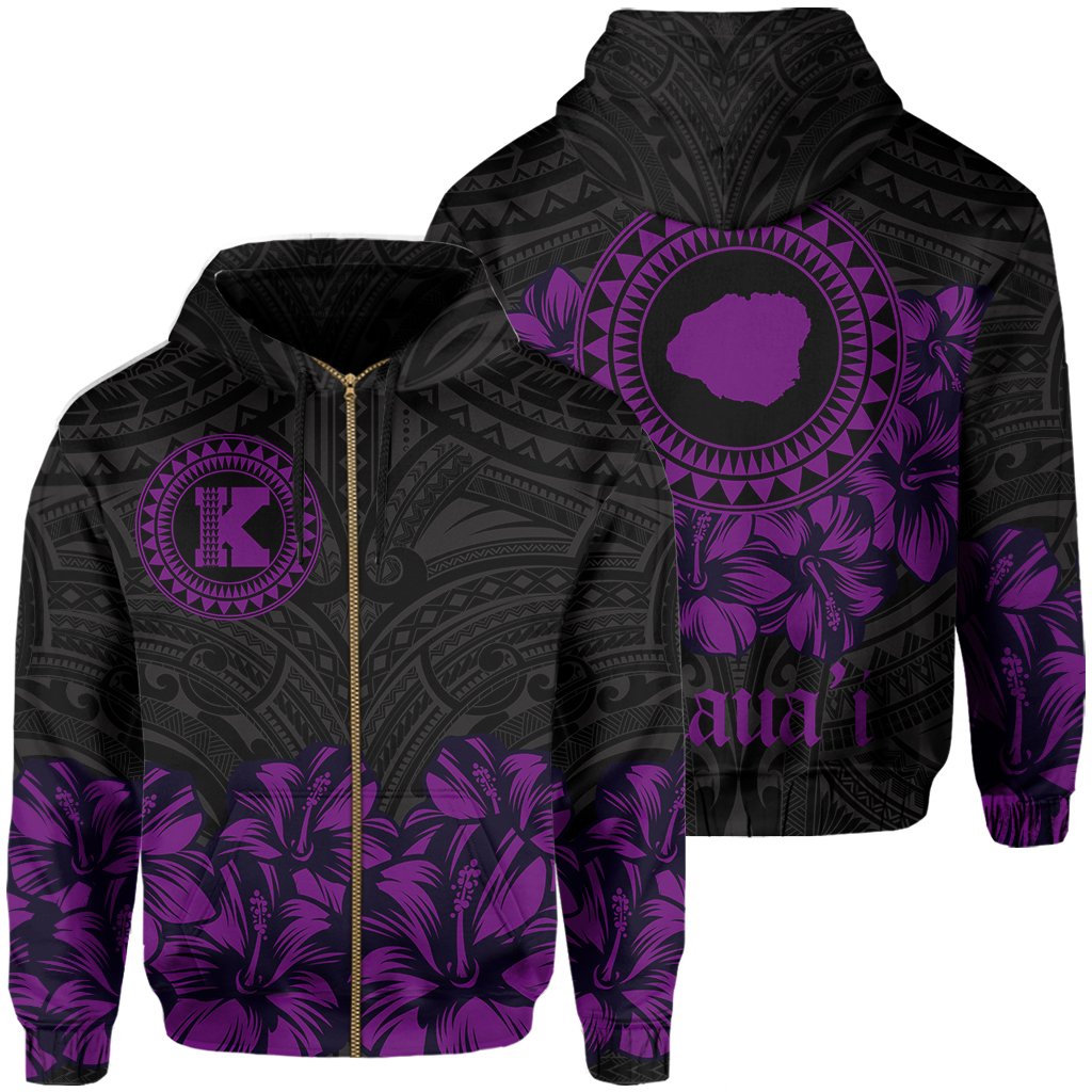 Kauai Map Hibiscus Polynesian Hoodie Zip Lithe Style AH