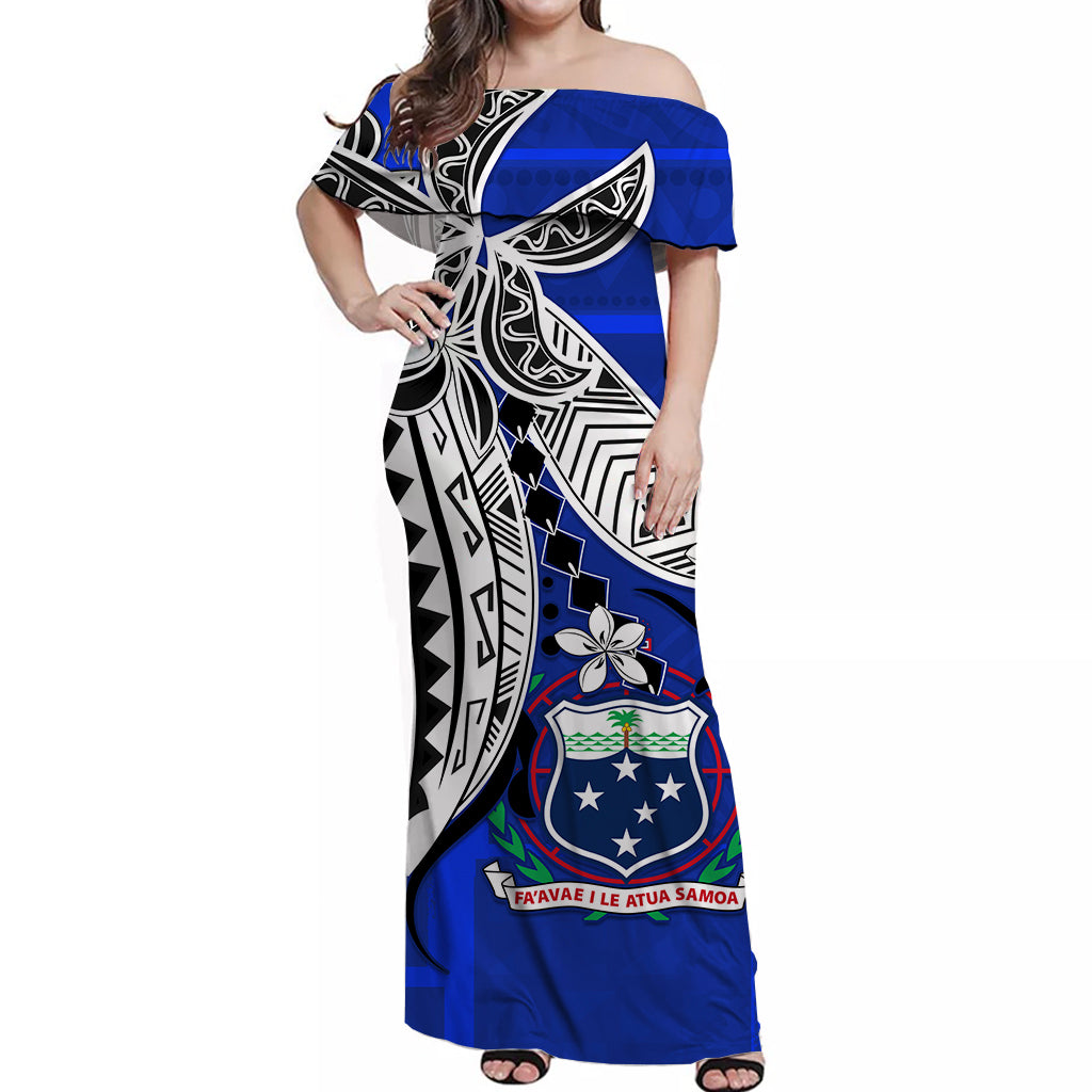 Samoa Off Shoulder Long Dress Hibiscus Flowers Style Blue