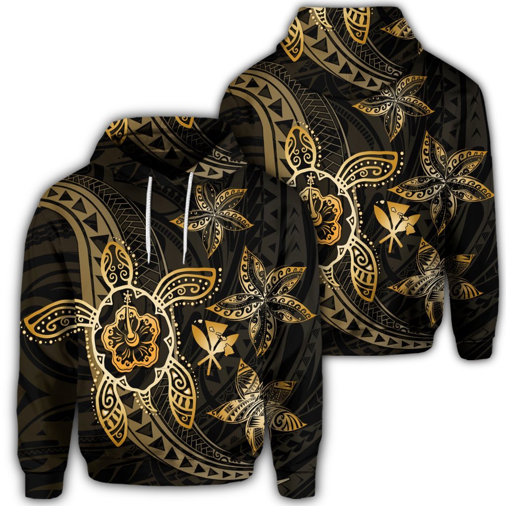 Kanaka Map Hibiscus Plumeria Turtle Art Gold Polynesian Hoodie