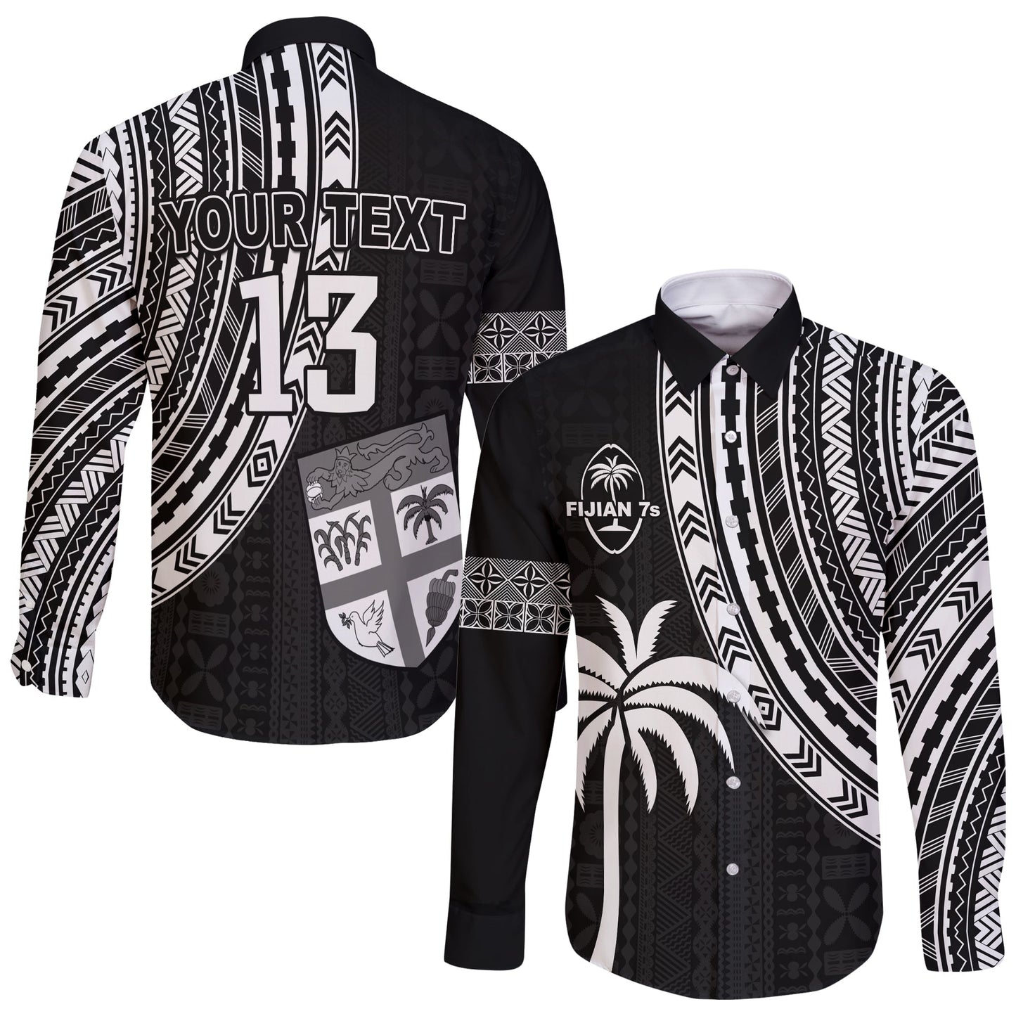 (Custom Text and Number) Fiji Rugby Sevens Long Sleeve Button Shirt Fijian 7s Tapa Polynesian