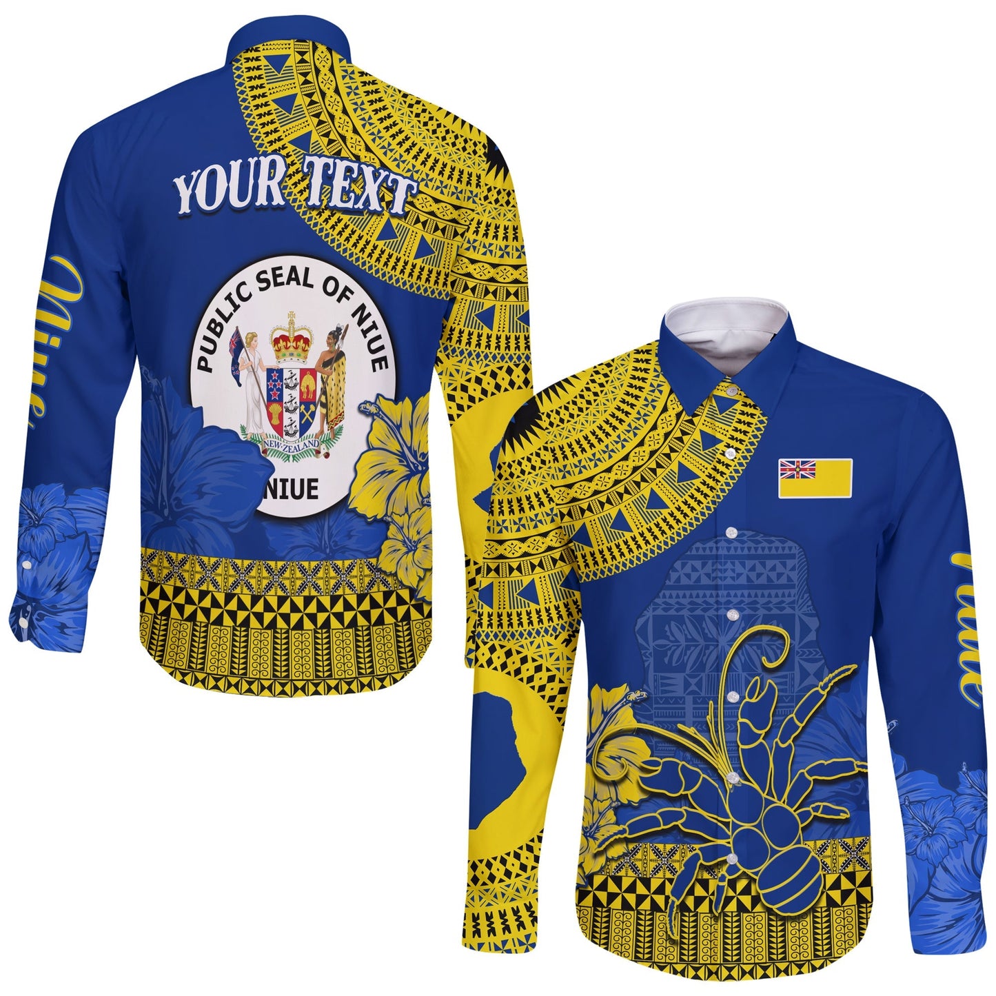 (Custom Personalised) Niue Hiapo Long Sleeve Button Shirt Rock of Polynesia Tapa Niuean Crab Happy Day
