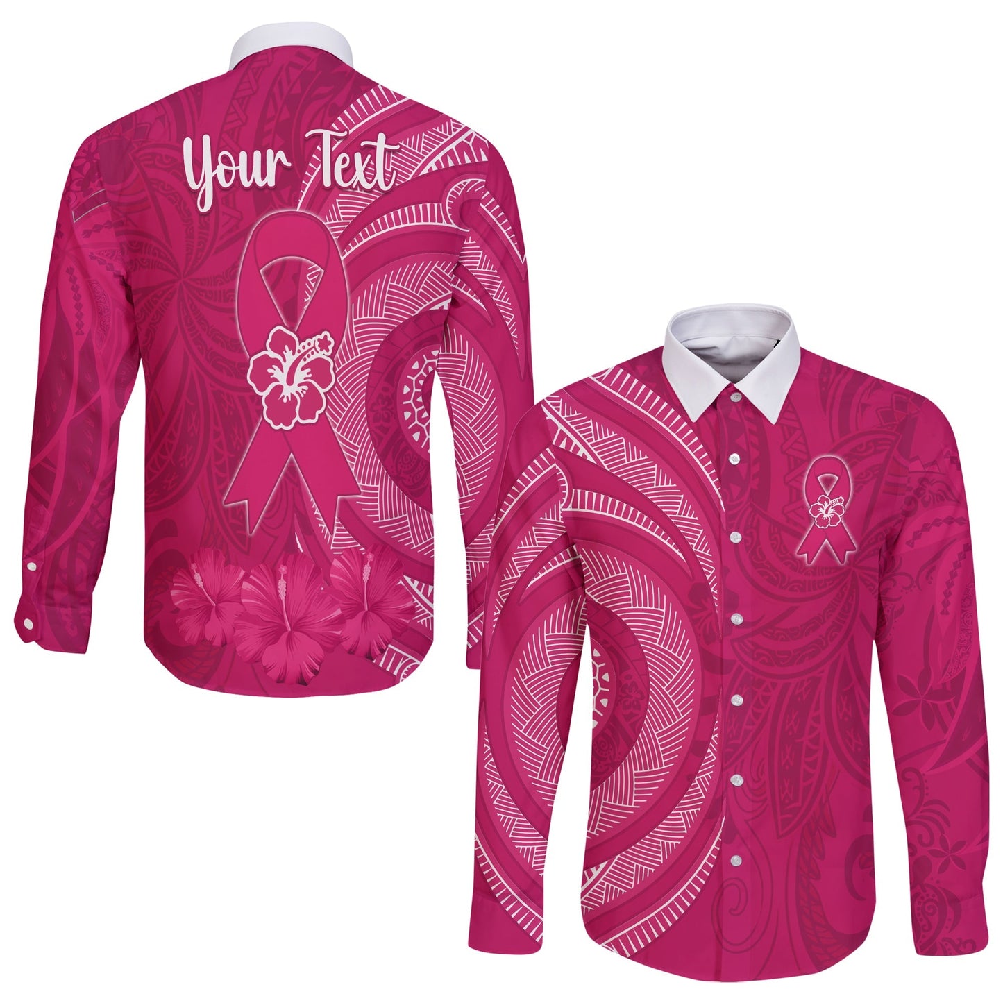 (Custom Personalised) Breast Cancer Awareness Long Sleeve Button Shirt Hibiscus Polynesian No One Fights Alone