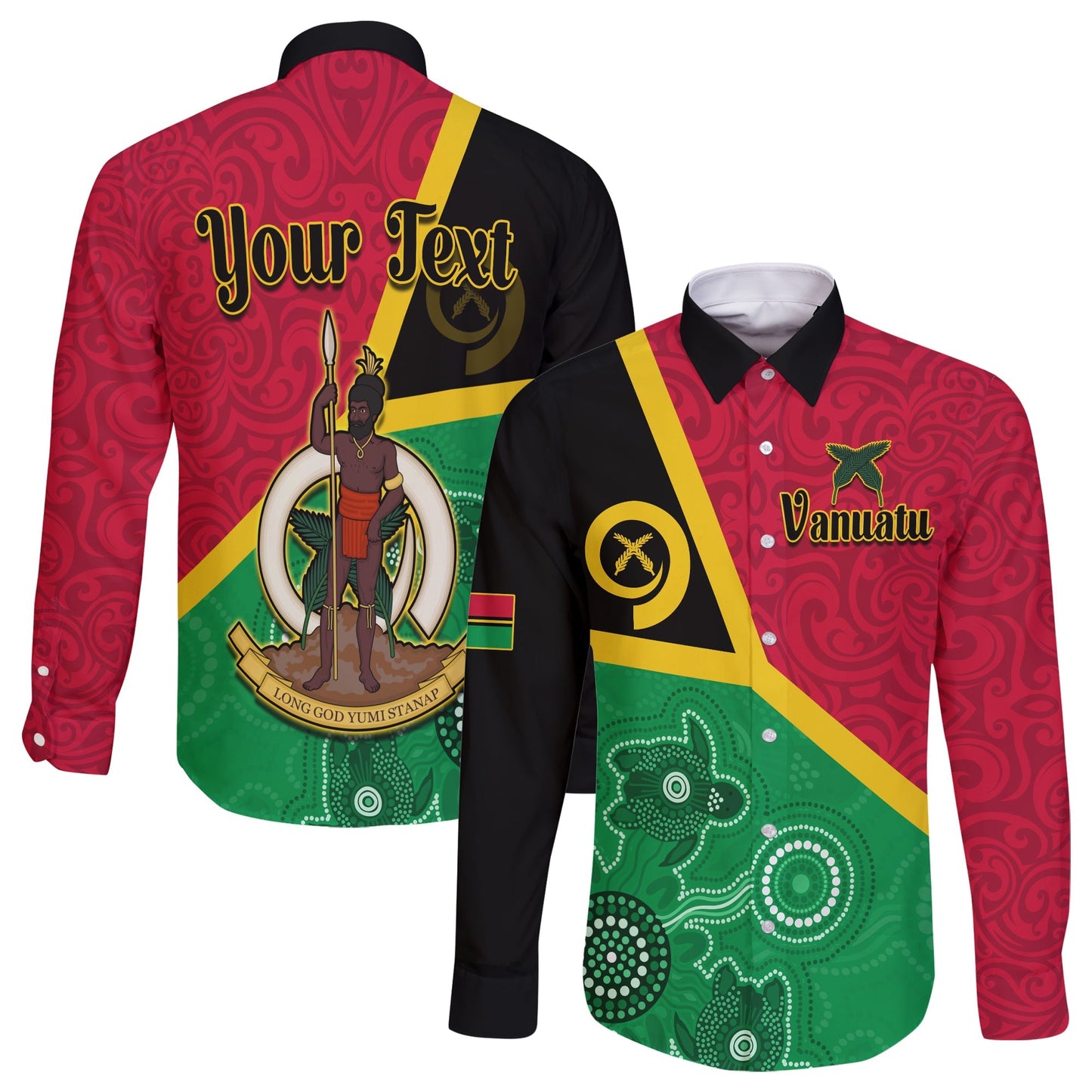 (Custom Personalised) Vanuatu Long Sleeve Button Shirt Aboriginal Turtle Mix Sand Drawing