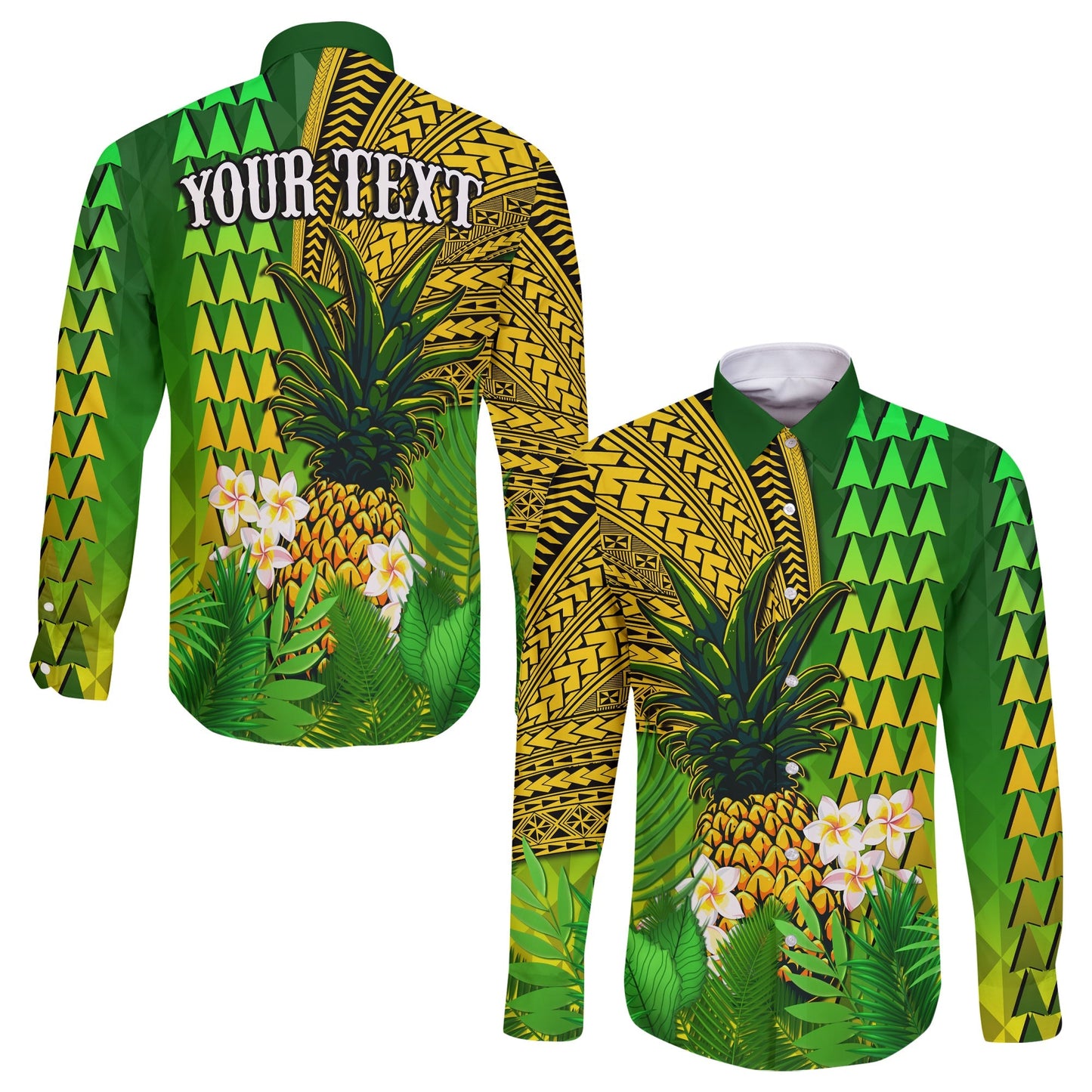 (Custom Personalised) Hawaii Pineapple Long Sleeve Button Shirt Plumeria Frangipani Mix Tribal Pattern