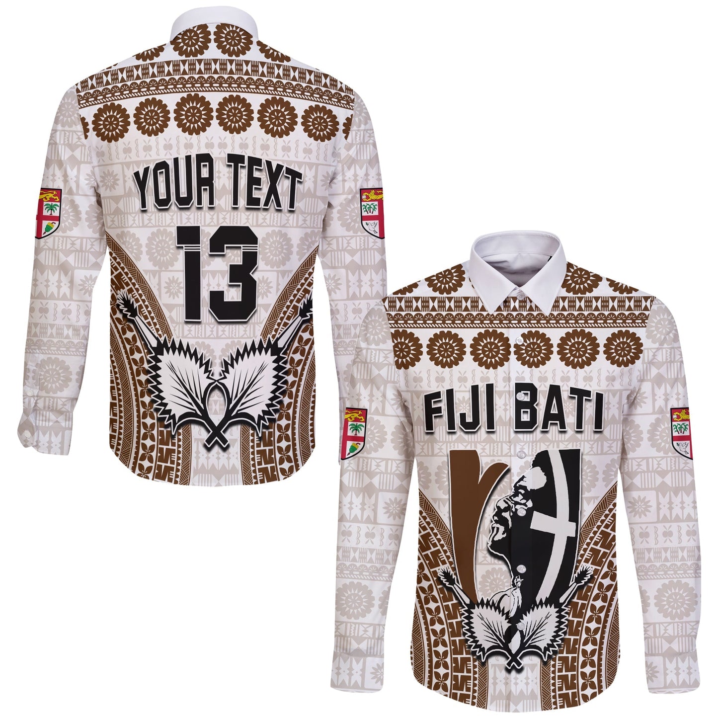Custom Text and Number Fiji Rugby Bati Long Sleeve Button Shirt Proud Tapa Pattern