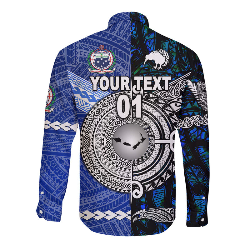 (Custom Personalised) Samoa And New Zealand Hawaii Long Sleeve Button Shirt Together Blue