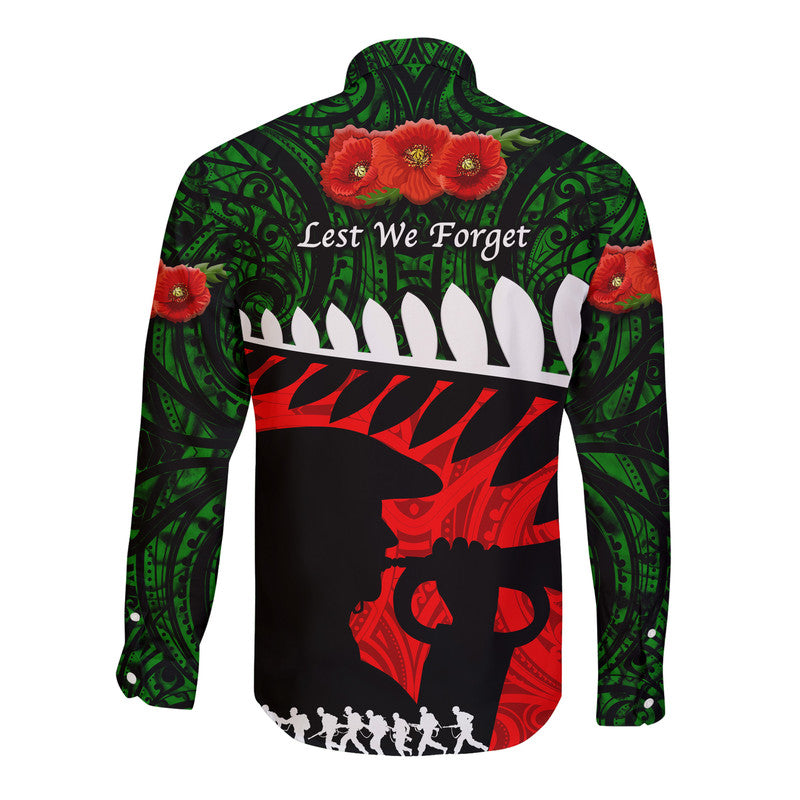 New Zealand Maori ANZAC Hawaii Long Sleeve Button Shirt Remembrance Soldier Green