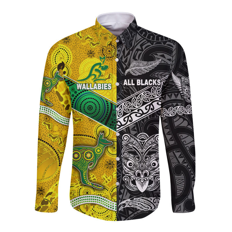 New Zealand Maori All Black And Australia Wallabies Aboriginal Hawaii Long Sleeve Button Shirt Rugby Together